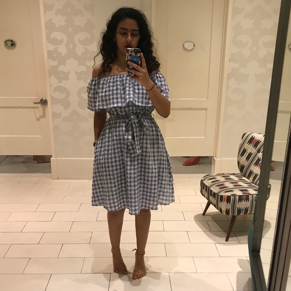 gingham off the shoulder anthropolgie midi dress